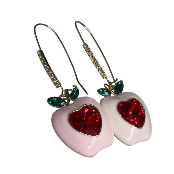 Betsey Johnson Apple Dangle Earrings Red Pink Playful Whimsy Teacher Barbie - Picture 5 of 7